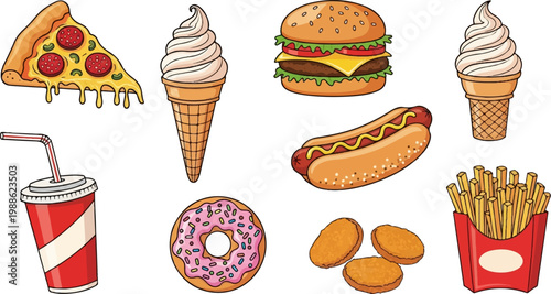 Assortment of delicious fast food items, including pizza, ice cream, and burgers