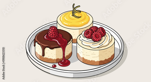 Three delectable cheesecakes on a platter, each uniquely adorned with fruit and sauce