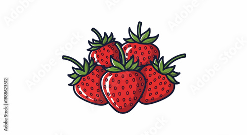 A cluster of five bright red strawberries with green leaves