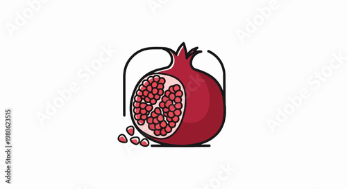 A stylized, graphic illustration of a halved pomegranate, with seeds spilling out