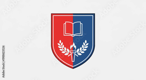 Red and blue shield with white open book, torch, and laurel wreaths