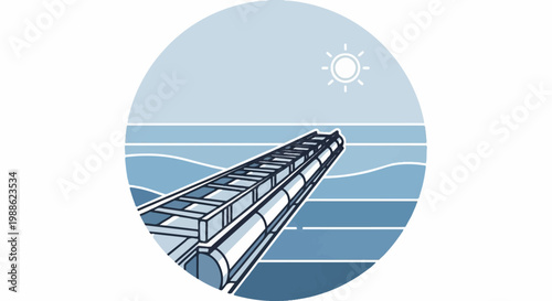 Stylized pier with a sun and waves in a circular graphic