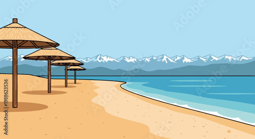 Sandy beach with thatched umbrellas, blue ocean, and snow-capped mountains