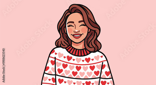 A smiling person with brown wavy hair wears a white sweater adorned with various shades of red and pink hearts