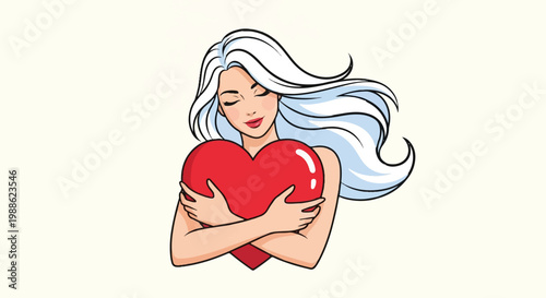 A woman with flowing white hair tenderly embraces a vibrant red heart