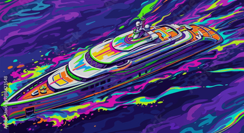 Psychedelic luxury yacht cruises through abstract, swirling neon ocean waves