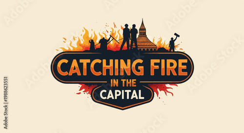 Silhouetted figures stand against a backdrop of flames and a domed building, with text