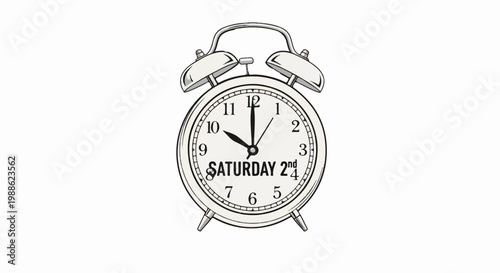 Retro analog alarm clock showing 1000 with "SATURDAY 2nd" text