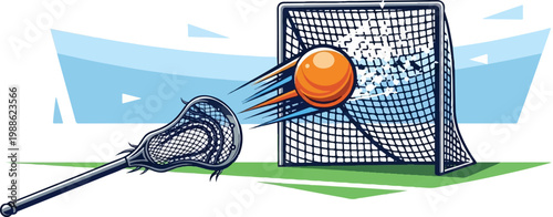 Lacrosse stick, ball, and net with abstract sky background