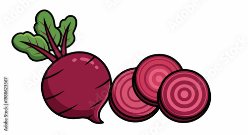 A vibrant cartoon illustration of a whole beet with leafy greens, alongside three colorful, circular slices of beet