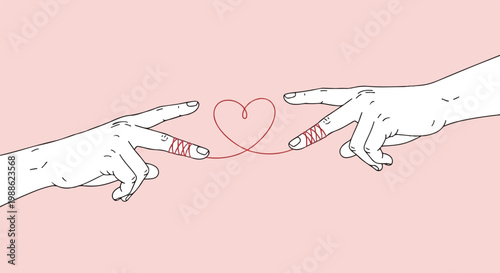 Two hands reaching out, connected by red thread forming a heart