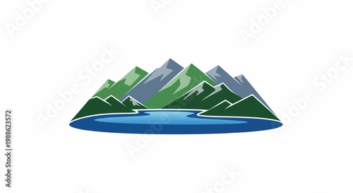 Stylized mountains and a serene lake create a picturesque natural scene