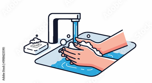 A close-up illustration of hands being washed with soap under a running faucet