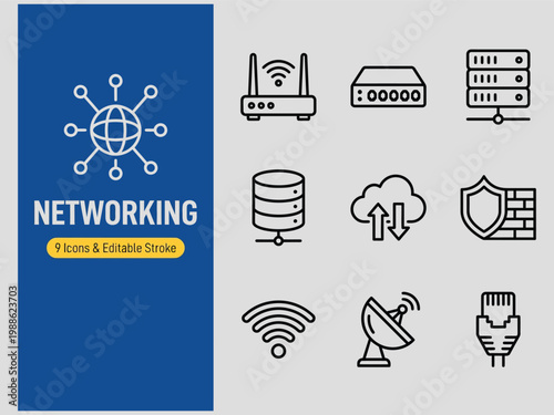 Set of nine professional line art icons representing various networking concepts and technology elements arranged on a gray background with a blue sidebar