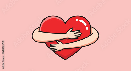 A cheerful red heart embraces itself with nurturing arms against a soft pink backdrop