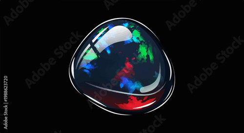 A dark, polished gemstone with swirling iridescent colors of red, blue, and green