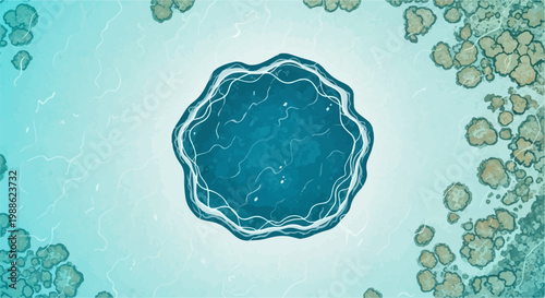 Abstract blue and green cellular pattern with wavy lines and organic shapes