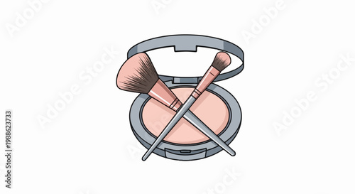 Open compact with pink powder and two crossed makeup brushes