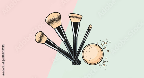 A collection of artistic makeup brushes and powder sits against a pastel background