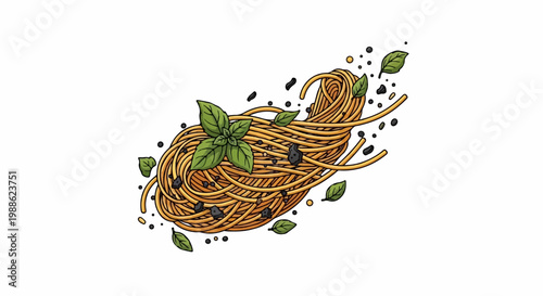 A swirl of spaghetti with basil leaves and scattered black olives and peppercorns