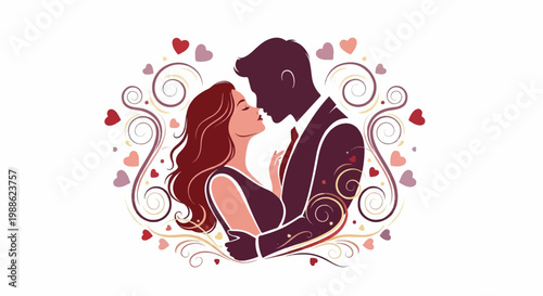 Silhouette couple embracing romantically with hearts and swirls