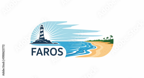 A stylized lighthouse stands on rocks beside a tropical beach and ocean