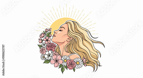 A stylized illustration of a woman with flowing blonde hair, framed by flowers and a sunburst