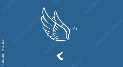 A stylized white winged animal is drawn on a blue background