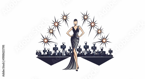 A woman in a long gown poses for cameras on a red carpet, surrounded by photographers and bright starbursts