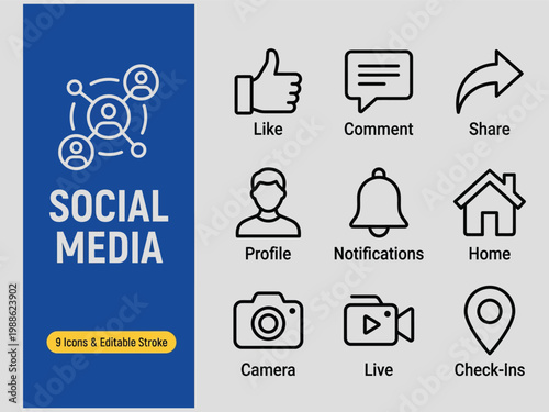 Social media icons set with like comment share profile notification home camera live checkins isolated on gray background