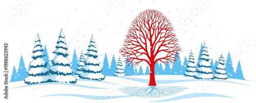 Striking red deciduous tree stands bold against a backdrop of snow-laden evergreen trees under falling snowflakes