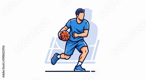 Stylized illustration of a male basketball player dribbling on a court