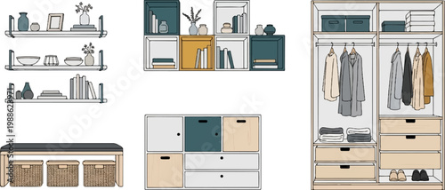 A minimalist line drawing of organized home storage solutions, including shelves, cubbies, a bench with baskets, and a wardrobe
