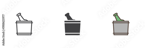 Champagne bottle in ice bucket icon in line and solid style. Outline and filled vector sign with editable stroke. Cooling drink symbol icon for party service.