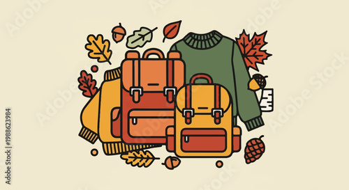 Two backpacks, a sweater, and autumn leaves are artistically arranged