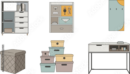 Assortment of stylish modern storage furniture and containers