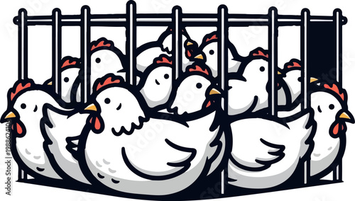A cluster of cartoon chickens crammed together in a simple cage