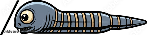 A cartoonish, grey, elongated creature with a large, round, light-yellow eye, sharp teeth, and segmented body