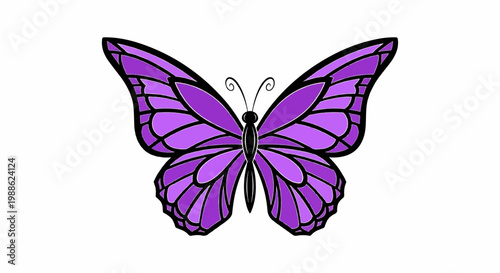 A symmetrical purple butterfly with black outlines and white background