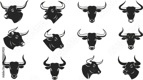 A grid of twelve black and white silhouette icons, each depicting a bull's head from various angles and perspectives