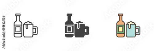 Beer bottle and glass icon in line and solid style. Outline and filled vector sign with editable stroke. Alcohol drink symbol icon for pub and party.