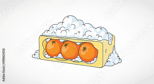 Cartoon oranges in a yellow container with bubbly foam