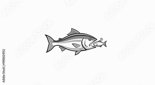 Large fish with open mouth swallowing a small fish, graphic illustration