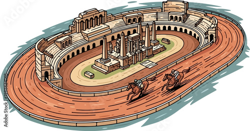 Ancient stadium with chariots and horses racing on a dirt track