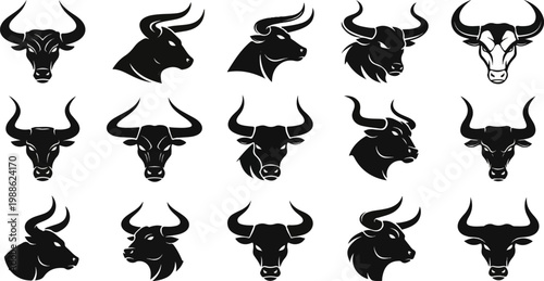 A collection of stylized black bull heads with imposing horns and fierce expressions, rendered in silhouette