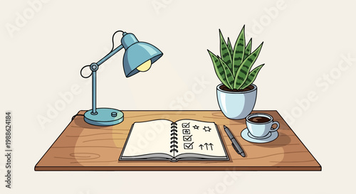 A desk with a lamp, notebook, pen, coffee, and plant