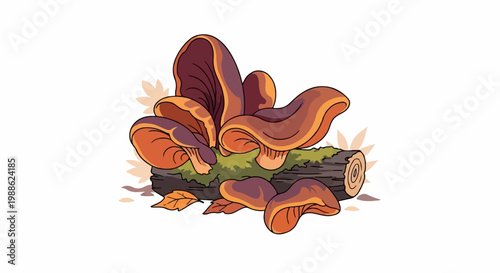 Cluster of vibrant orange and purple mushrooms sprouting from a mossy log