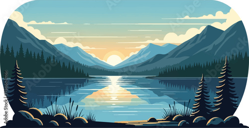 Serene mountain lake at sunrise, reflection of sky and peaks in calm water, pixel art style