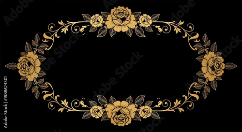 Elegant gold floral oval frame with roses and swirling vines on a black background