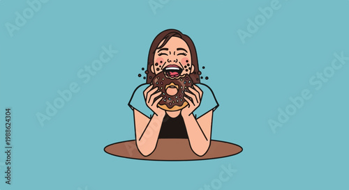 A person joyfully devouring a chocolate-frosted donut with colorful sprinkles